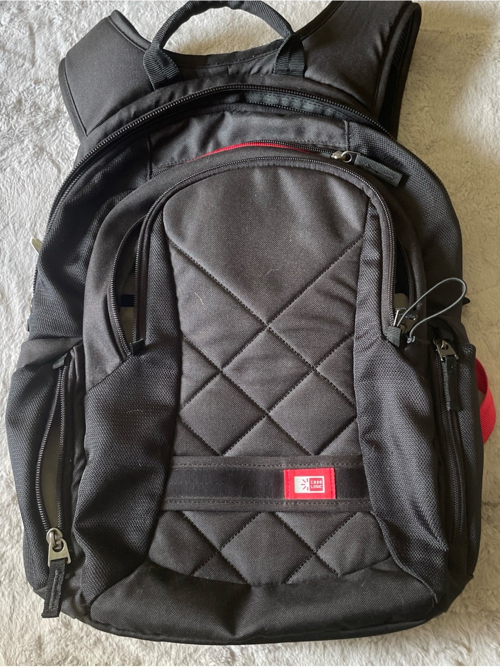 Men's Black Quilted Backpack with Red Accent - Casual Everyday Carry